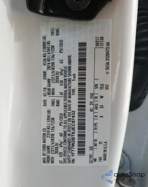 2018 Ford F250 Super Duty from USA, damaged, VIN 1FT7W2BT8JEC87432